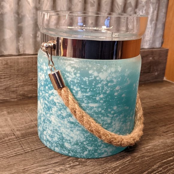 Other - Frosted Glass Vase - Turquoise & White - Silver Accents - Rope Handle